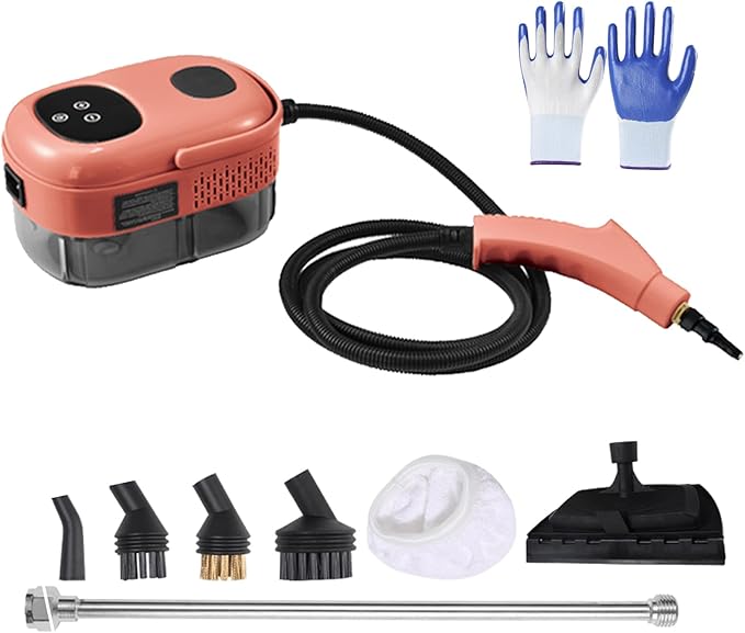 Touchscreen Steam Cleaner 1100ML 2500W High Temperature Pressure Handheld Steam Cleaning Machine with Brush Heads and Gloves 7 in 1 for Car Floor Kitchen Bathroom Window Furniture (Red)