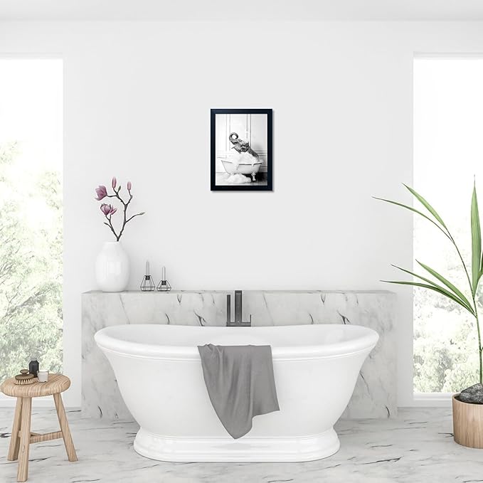 Framed Bathroom Decor Wall Art Elephant in Bathtub Pictures Wall Decor Funny Black and White Animal Canvas Print Artworks for Bathroom
