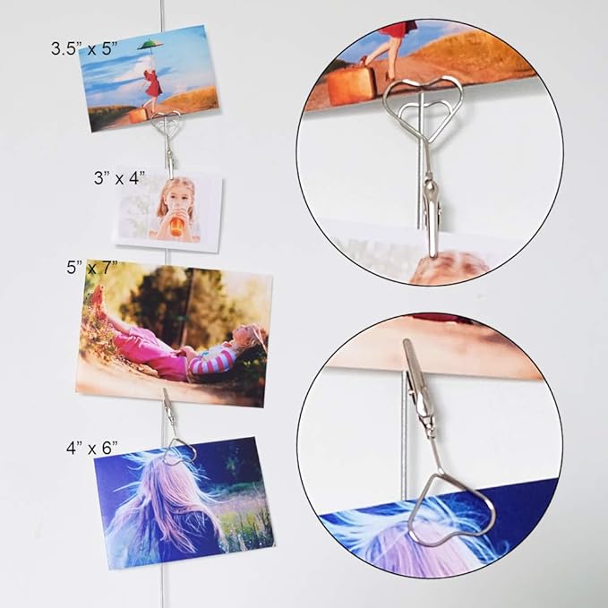 Multi-Purpose Steel Wall Hanging Photo Display Cable Wire Rod with 12 Adjustable Clips for Hanging Photos Notes Postcard and Artworks (Heart)