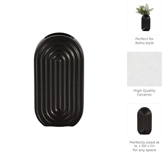 Sagebrook Home Boho Ceramic Stoneware Vase - Modern Decorative Flower Vase for Home, Office, Bedroom & Living Room - Stylish Textured Design - 11" Black