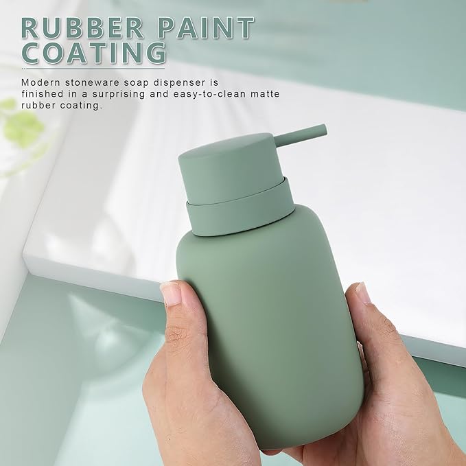 Green Soap Dispenser Bathroom,Ceramic Soap Dispenser Lotion Pump Dish Soap Dispenser for Kitchen,16oz Refillable Liquid Hand Wash Dispenser for Bathroom (Rubber Paint)