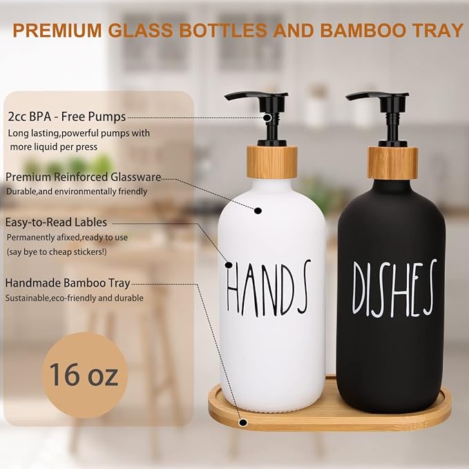 4 Pcs White and Black Hand and Dish Soap and Lotion Dispenser Set with Tray Farmhouse Decor for Bathroom Kitchen Sink