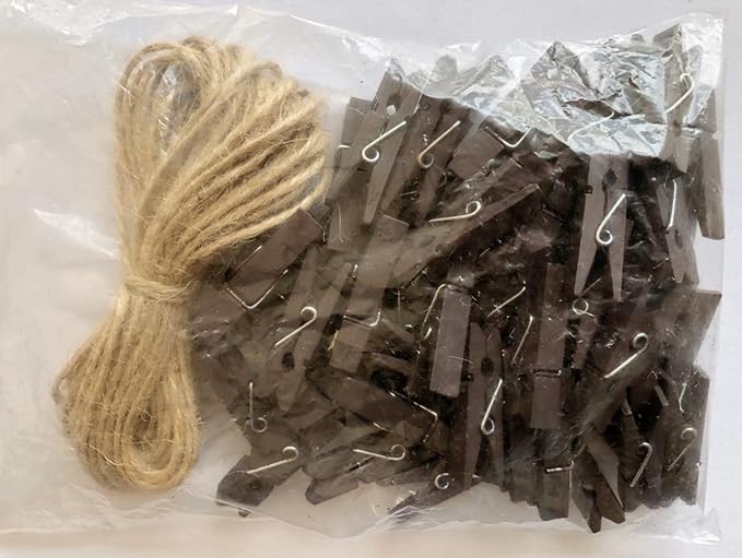 DurReus Small Wood Clothespins Cute Clip Photo Holders DIY Art Craft Display with Jute Twine Brown Pack 50