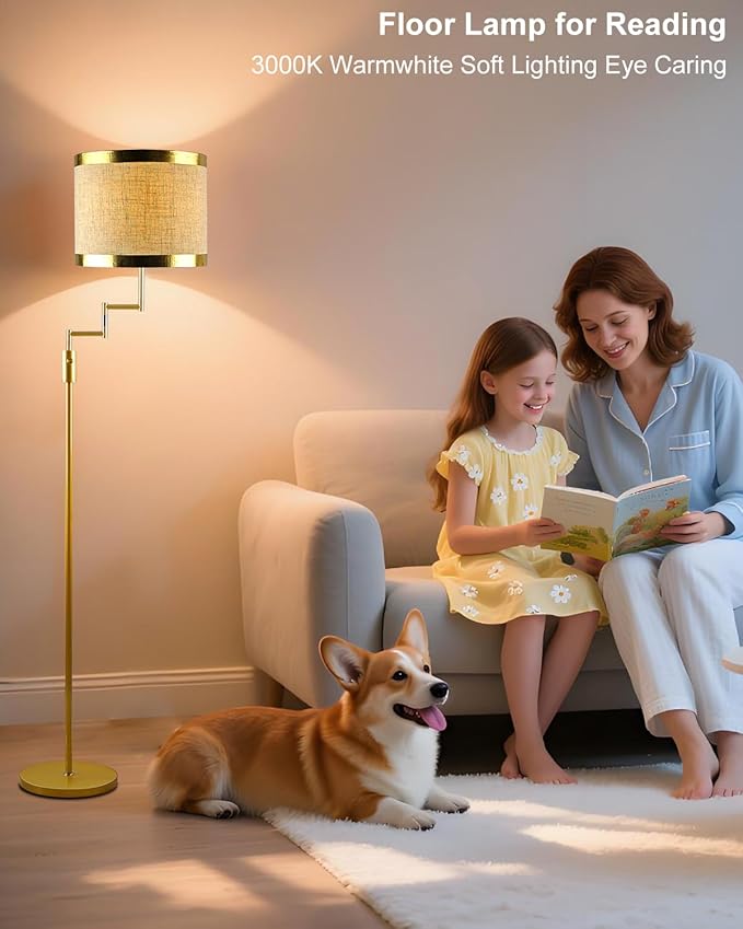 Lightdot 70IN Gold Floor Lamp Dimmable Linen Shade LED Floor Lamps with 3000K for Wedding/Party,350 Degree Swing Arms, Modern Tall Lamp for for Reading, Sewing, and Craft (Bulbs Included)