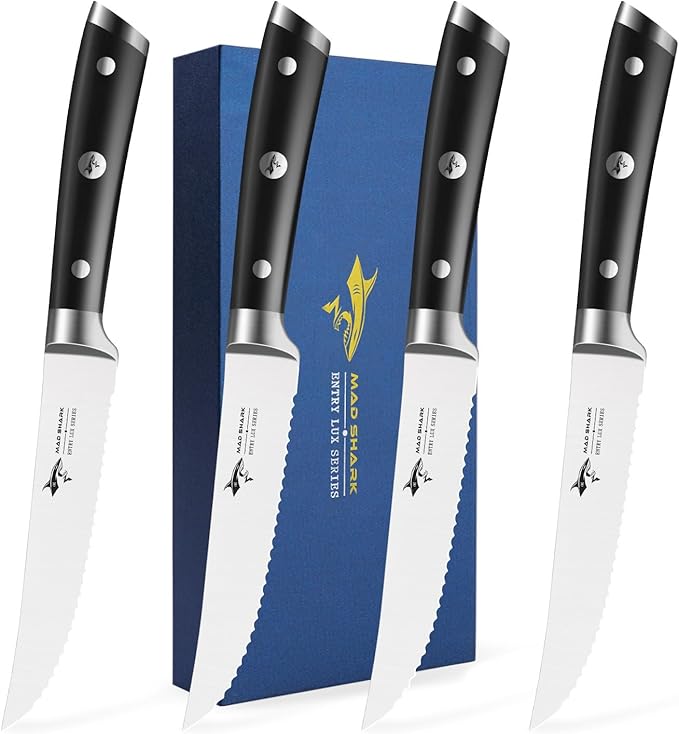 MAD SHARK Steak Knives Set of 4,Premium 12.6-inch Serrated Steak Knife Set,Ultra Sharp German High Carbon Stainless Steel Triple Rivet Collection 4-Piece Kitchen Steak Knife Set (STEAK KNIFE SET OF 4)