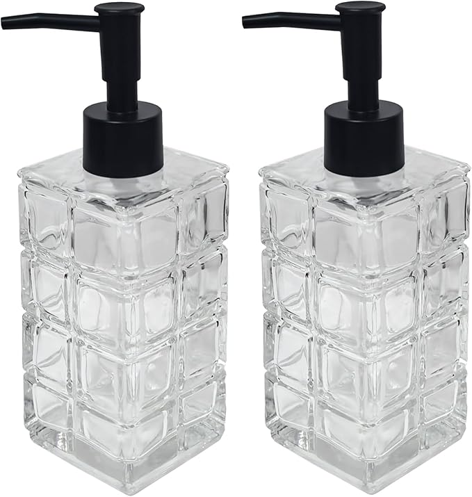 Clear Glass Soap Dispenser with Black Pump, 2 Pack 11oz Square Hand Dispenser, Refillable Lotion & Dish Soap, Bathroom Shower Gel