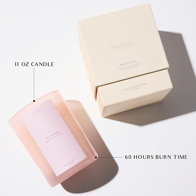 Rose & Sandalwood Scented Candle | Benevolence LA Sun-Kissed Collection | 11oz, 60-Hour Burn | Natural Soy Wax, Cotton Wick | Fall Scented Candles for Home, Elegant Gift – Beach Rose
