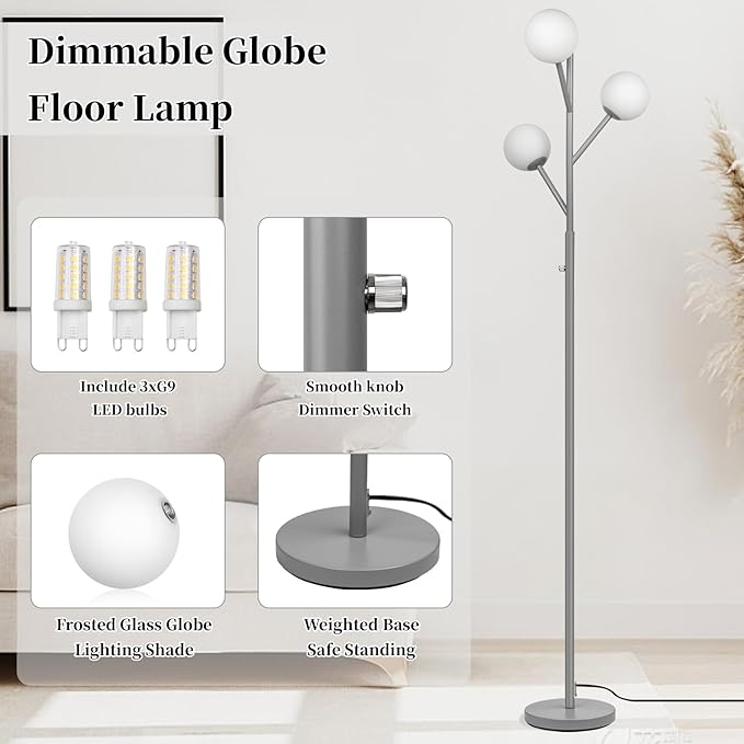 Dimmable 3-Globe Mid Century Modern Floor Lamp, Bulbs Included,70in Tall Silver Standing Floor Lamp with Frosted Glass Shade for Living Room,Office Bedroom, Study Room, Hotel, (dimmer-Silver)