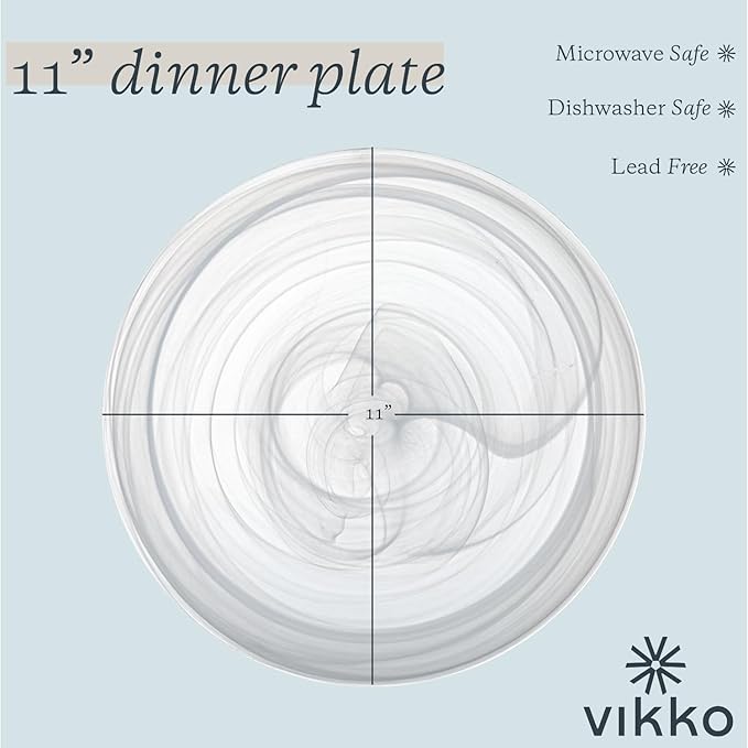 Vikko Dinner Plates, Set of 6 White Alabaster Plates, 11" Plate with Marbelized, Swirl Design, Elegant Glass Plate, Dishwasher Safe