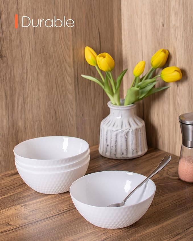 20 OZ Max White Opal Glass Cereal Bowl Set of 6, Thin Light & Durable 6 inch Dishwasher & Microwave Safe Round Geometric Faceted Bowls for Kitchen, Salad, Soup and Rice