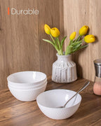 20 OZ Max White Opal Glass Cereal Bowl Set of 6, Thin Light & Durable 6 inch Dishwasher & Microwave Safe Round Geometric Faceted Bowls for Kitchen, Salad, Soup and Rice