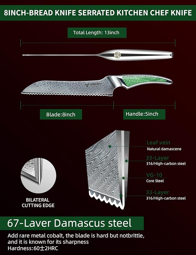 8 inch Serrated Bread Knife, Japanese VG-10 Damascus Steel Kitchen Knife, Ultra Sharp Bread Cutting Knife with Full-tang Handle in Green Resin, LA-S9 Series