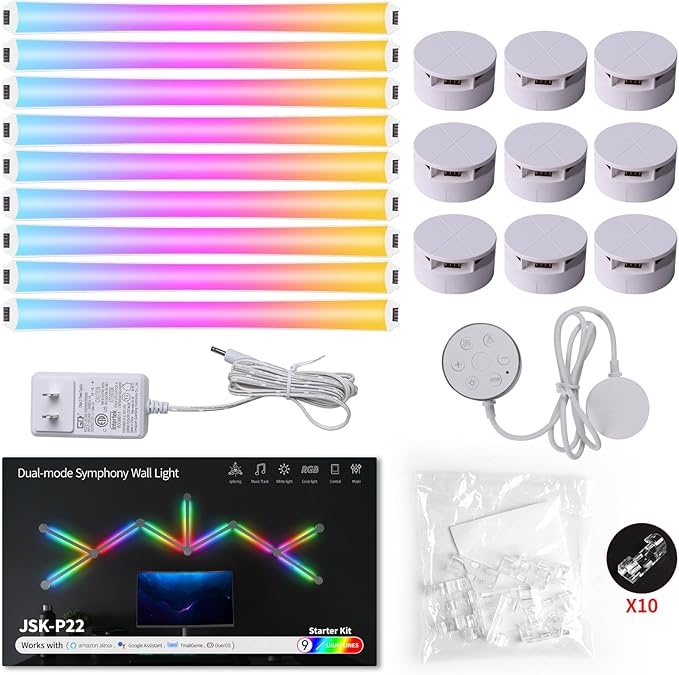 RGB Wall Light, LED DIY Geometry Splicing Gaming Lights, Backlit Modular Wi-Fi Colour Changing Home Decor Lights Work with Alexa and Google Assistant for Game Room, Bedroom (9 Lines, White)