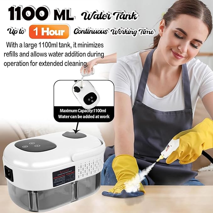 Touchscreen Steam Cleaner 1100ML 2500W High Temperature Pressure Handheld Steam Cleaning Machine with Brush Heads and Gloves 7 in 1 for Car Floor Kitchen Bathroom Window Furniture (White)