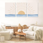 Boho Minimalist Wall Art Set of 3, Framed Canvas Prints - Geometric Line Sunrise Designs, Modern Neutral Wall Art for Living Room, Bedroom, Bathroom, Office, Hotel