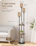Floor Lamp with Shelves, Boho Floor Lamp with Foot Switch, 3-Light Standing Lamp, for Living Room, Bedroom, Study, Rustic Brown and Yellow YF53LD05 ﻿