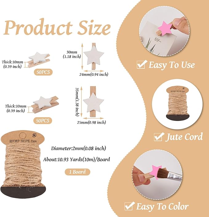 Pandahall 100Pcs Wooden Star Clothespins Photo Clips Photo Paper Pegs Clips White Mini Clothes Pins Holiday Card Holder Display with 10.9 Yards Jute Twine