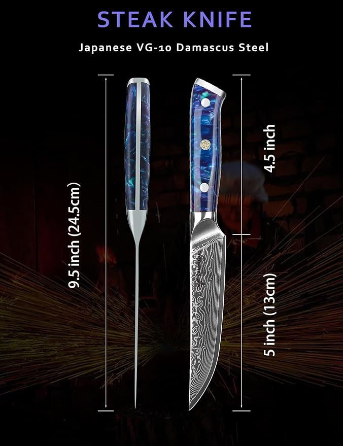 Steak Knives Set of 4, Ultra Sharp Non Serrated Kitchen Steak Knife 5 Inch - Damascus Steel & Resin Handle - Xuan Series (Sapphire Blue)