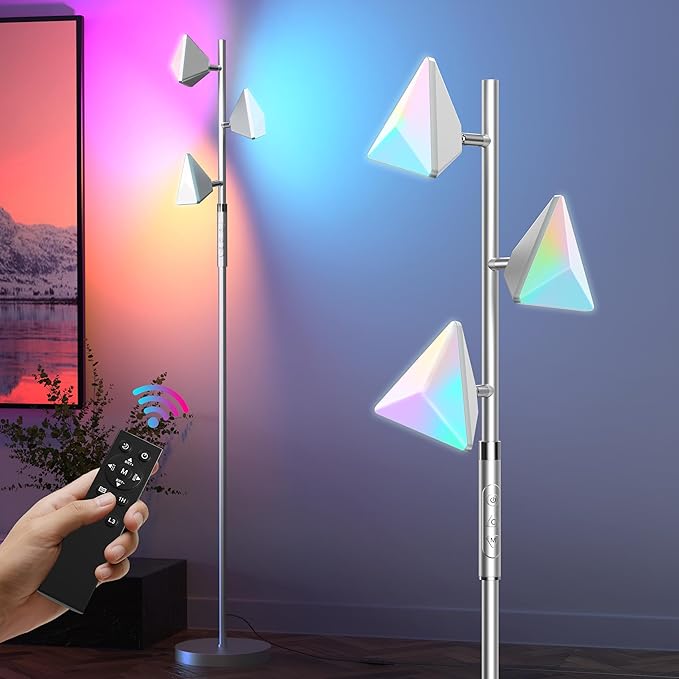 PARTPHONER RGB Tree Floor Lamp for Living Room, Stepless Dimmable Tall Standing Lamp with Remote, Touch Control and 3 Rotatable Light, Bright LED Lights for Bedroom with 4 Color-Changing, Sliver