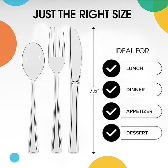 Party Solids Clear Plastic Silverware Heavy Duty 150 Pieces Clear Plastic Cutlery Sets, Utensil Sets, 50 Of Each Forks, Knives & Spoons Disposable Cutlery Set, Flatware Set For Party Supplies