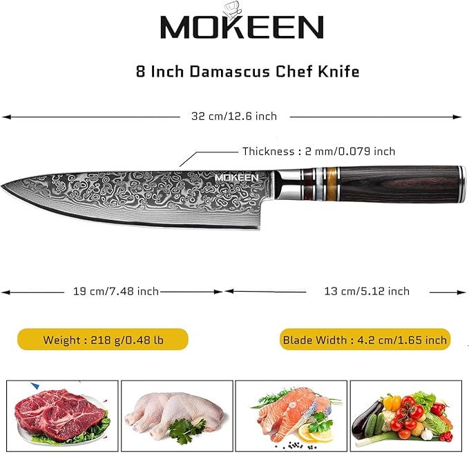 Chef Knife 8 Inch, Professional Kitchen Knife 67 Layers VG10 Damascus Cutting Knife Chopping for Home Kitchen Wood Handle, Full Tang, Gift Box