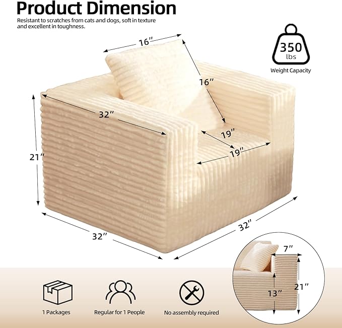 Single Cloud Sofa, Giant Bean Bag Chair with High Backrest & Wider Armrest, Foam Boneless Couch for Small Spaces, Comfy Furry Sofas with Pillows for Living Room, Bedroom, Apartment, Dorm, Office
