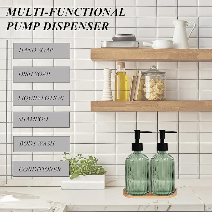 Glass Hand and Dish Soap Dispenser Set of 2 with Plastic Pumps, Bamboo Tray, 13.5oz Green Bathroom Soap Dispenser with Vertical Stripe for Hand Wash & Dish Wash, Ideal for Bathroom Kitchen Countertop
