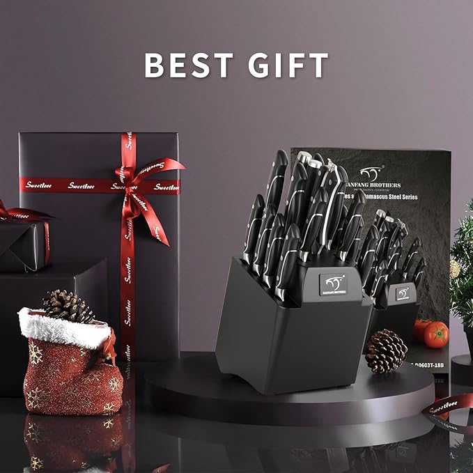 18 Pieces Damascus Kitchen Knife Set, 8 Piece Steak Knives, Non-slip ABS Ergonomic Triple Rivet Handle for Meat Fork, Knife Sharpener and Shears, 17 Slots Wooden Knife Block