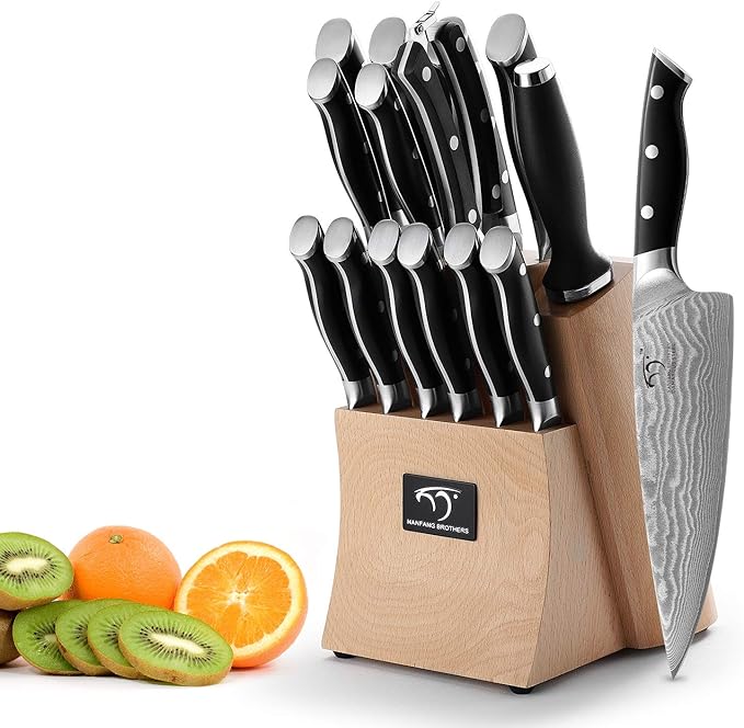 Damascus Kitchen Knife Set, 15-Piece Kitchen Knife Set with Block, ABS Ergonomic Handle for Chef Knife Set and Serrated Steak Knives Knife Sharpener and Kitchen Shears, Beechwood Block
