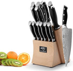 Damascus Kitchen Knife Set, 15-Piece Kitchen Knife Set with Block, ABS Ergonomic Handle for Chef Knife Set and Serrated Steak Knives Knife Sharpener and Kitchen Shears, Beechwood Block