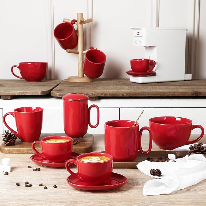 vicrays Ceramic Coffee Mug Set - 18 Ounce Large Stoneware Mug for Men Women - Unique Glazed Porcelain Mugs with Handle for Coffee Latte Tea Milk Cocoa - Set of 4 (Red)