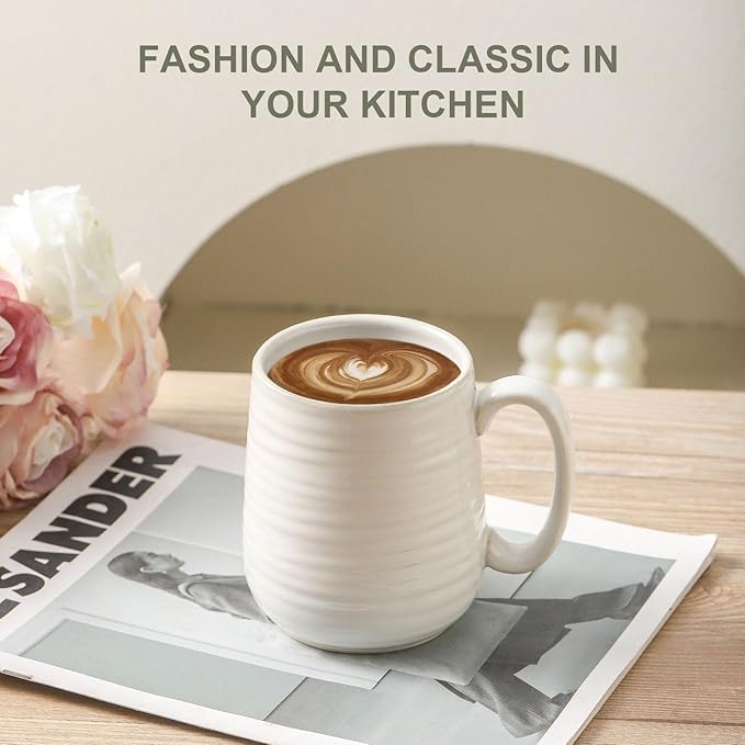 Hasense Coffee Mugs Set of 6, Ceramic Coffee Cups with Handle for Home Office, 12 Ounce Tea Cup for Coffee, Latte, Hot Cocoa, Dishwasher and Microwave Safe, Clay-Infused White