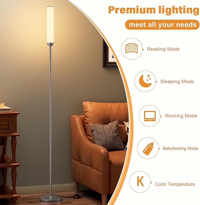 LED Floor Lamp with Remote Control, 65" Standing lamp with Stepless Adjustable 3000K-6500K Colors & 5%-100% Brightness, Foot Switch(Deep Grey)