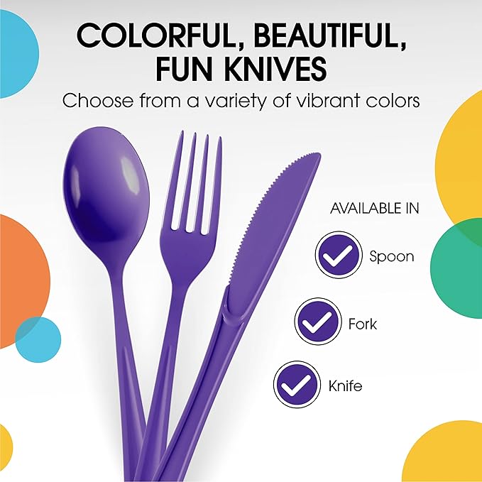 Party Solids Purple Plastic Knives 200 Pcs Purple Knives Disposable Utensils Heavy Duty Plastic Cutlery Set Disposable Cutlery Sets Flatware Sets Silverware Set Party Supplies & Party Tableware