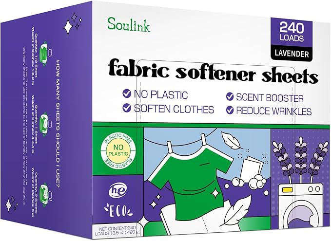 Soulink Fabric Softener Sheets for Washing Machine, No Plastic Jug Soap Strips, Alternative to Fabric Softener Liquid and Pods, Lavender Scent, Up to 240 Loads