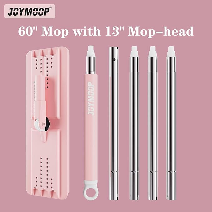 JOYMOOP Flat Mop, Microfiber Mops for Floor Cleaning, 60" Long Handle with Flexible 13" Flat Head, Pink