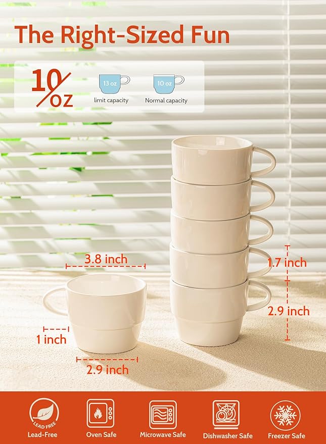 Sweese 6-Pack Porcelain Latte Cups - Stackable 10 Ounce Coffee Mugs for Cappuccino, Mocha, Tea - Space-Saving, Chip-Resistant - Dishwasher Friendly – Ideal for Home and Café, White
