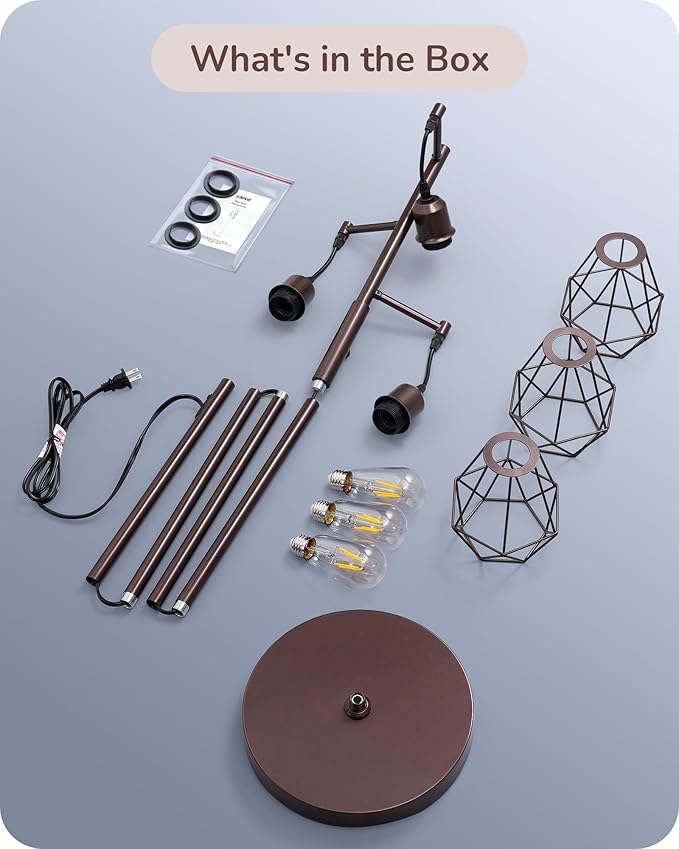 EDISHINE 70IN Industrial Floor Lamps for Living Room, Dimmable Farmhouse Corner Reading Lamp, Diamond-Shaped Lampshade, 3 LED Edison Bulbs Included, Rustic Tree Standing Lamp for Bedroom, Brown