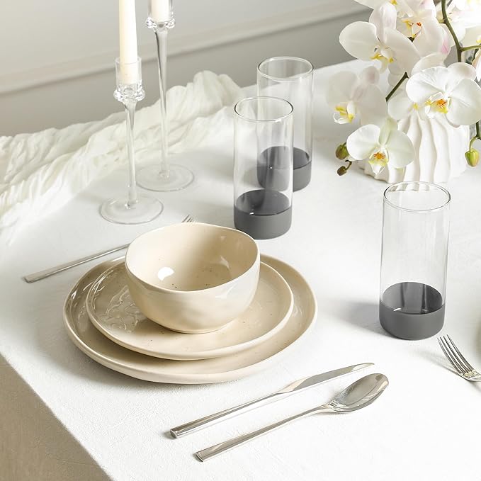 Stone Lain Mirella 32-Piece Dinnerware Set Stoneware, Borosilicate Glass, Beige