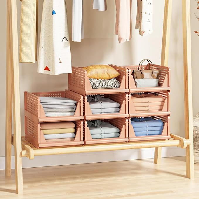 5 Pack Folding Closet Organizers Storage Box, Stackable Storage Bins, Plastic Drawer Basket Closet Storage for Wardrobe Cupboard Kitchen Bathroom Office 5L (Pink)