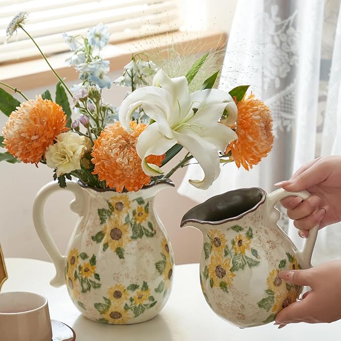 Levvohd Vintage Vase with Handle, 6 Inch Ceramic Pitcher Sunflower Floral Vases Decorative for Grandma Home Decor, Living Room Bookshelf Office Tuscan Decor (Small)