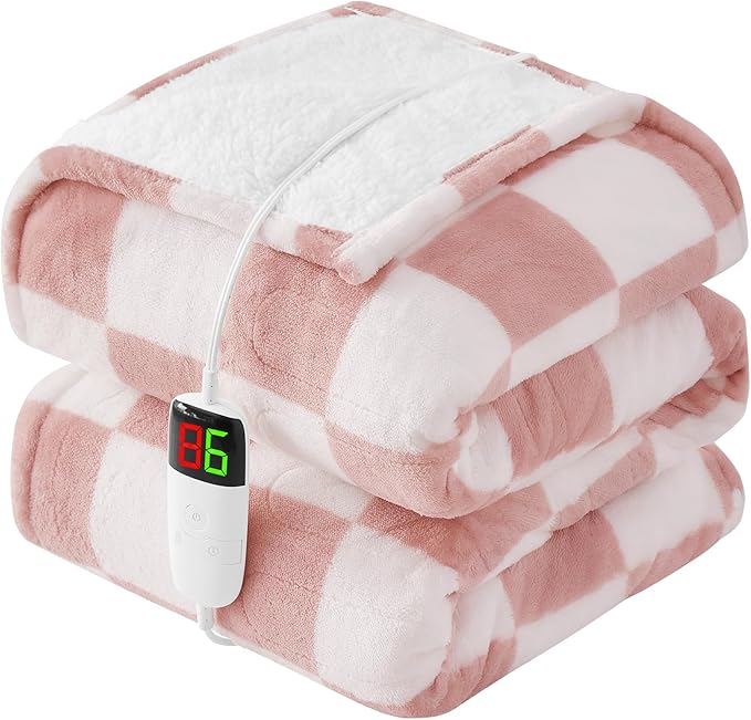 Light Pink Heated Blanket Electric Twin Size, 62X84 Heating Blanket with 10 Heat Levels & 8 Hours Auto Off, Checkered Plaid Soft Fleece Sherpa Blankets Warmer Gifts for Couch Grandma Women Adults, ETL