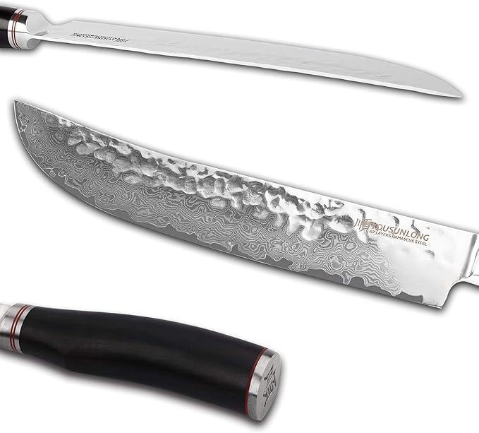 YOUSUNLONG Cimitar Knife 10" Butcher's Scimitar Knife Hammered Japanese Damascus Steel Natural Leadwood Handle