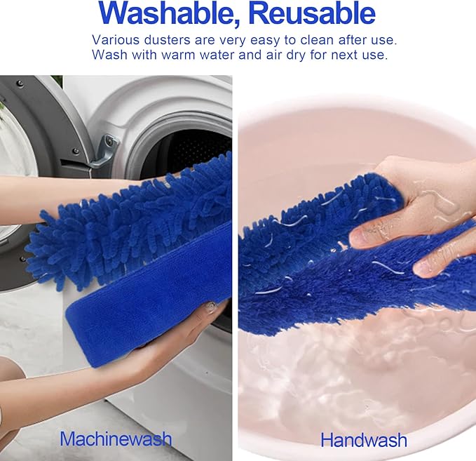 Dusters for Cleaning, 9 in 1 Kit 100” Feather Duster with Extension Pole, Retractable Bendable Washable, Cobweb Duster Chenille Gap Dust Brush Blind Duster for Cleaning High Ceiling Fans