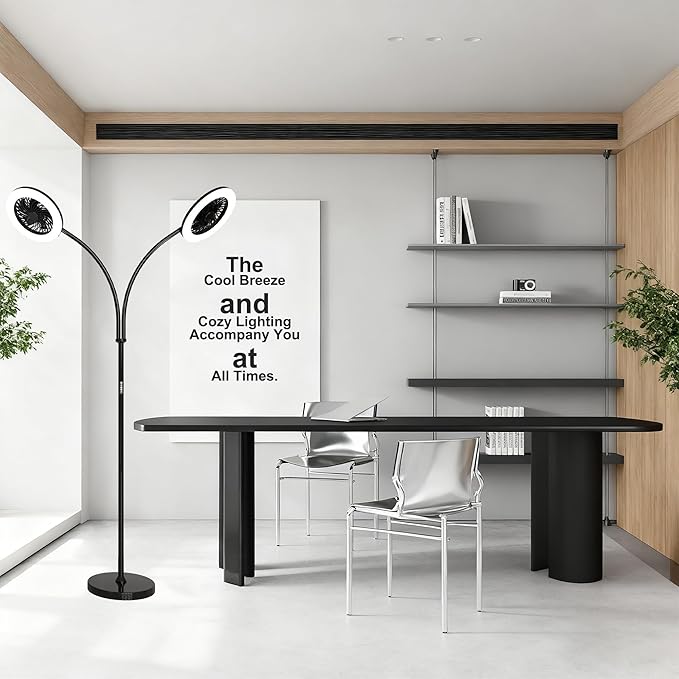 Floor Lamp with Fan Fan Light with RGB 12w/1000lm LED Floor Famp, Stepless Adjustable 3000K-6000K Color and Dimmer, Remote and Button Control, Adjustable Gooseneck Gloor Lamp (Black-2)