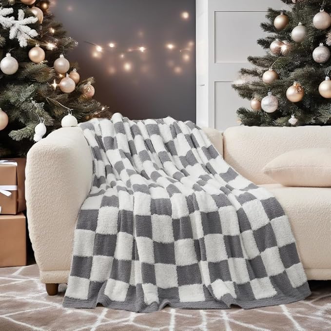 Snuggle Sac Faux Fur Checkered Blanket Twin Size with Soft Knitted Microfiber Fabric,Cozy Soft Warm Blanket for Sofa Bedroom Living Room,Grey Checker,60x80 inches
