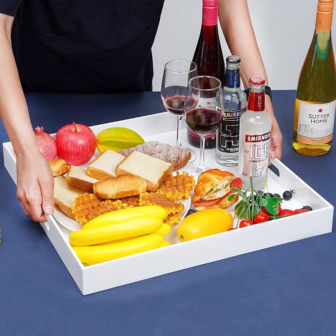 18×18 Inches Glossy White Acrylic Serving Tray with Handles Extra Large Ottoman Tray Decorative Trays Spill-Proof Coffee Table Space Saver Oversize Counter top Organizer Platter with Safe Edge