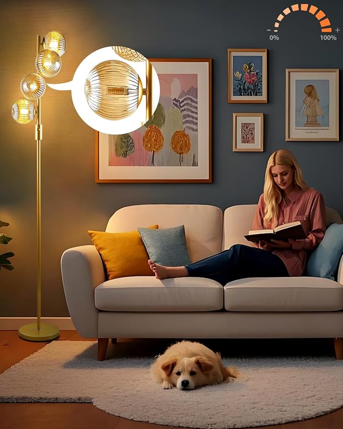 Lightdot 64IN Dimmable Floor Lamp with Glass Globe Shade, Modern Gold Standing Lamps with 4PCS 3000K G9 Bulbs Soft Warm White Eye Care, Mid Century Floor Lamp for Living Room Bedroom
