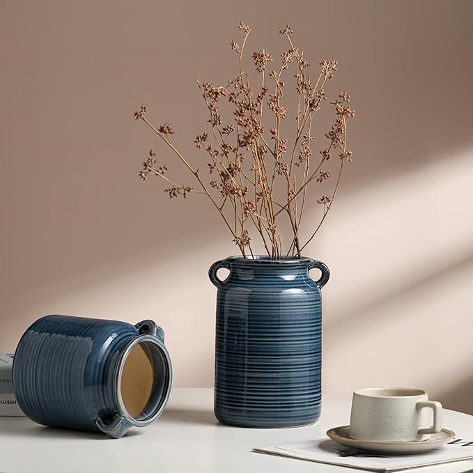 Ceramic Rustic Distressed Blue Flower Vase for Centerpieces, Kitchen, Office or Living Room (5.9''x6.3'')