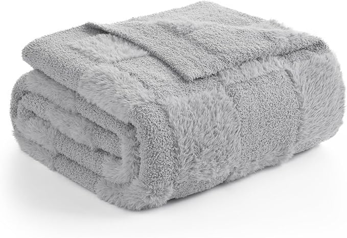 Snuggle Sac Faux Fur Checkered Blanket Twin Size with Soft Knitted Microfiber Fabric,Cozy Soft Warm Blanket for Sofa Bedroom Living Room,Solid Light Grey,60x80 inches